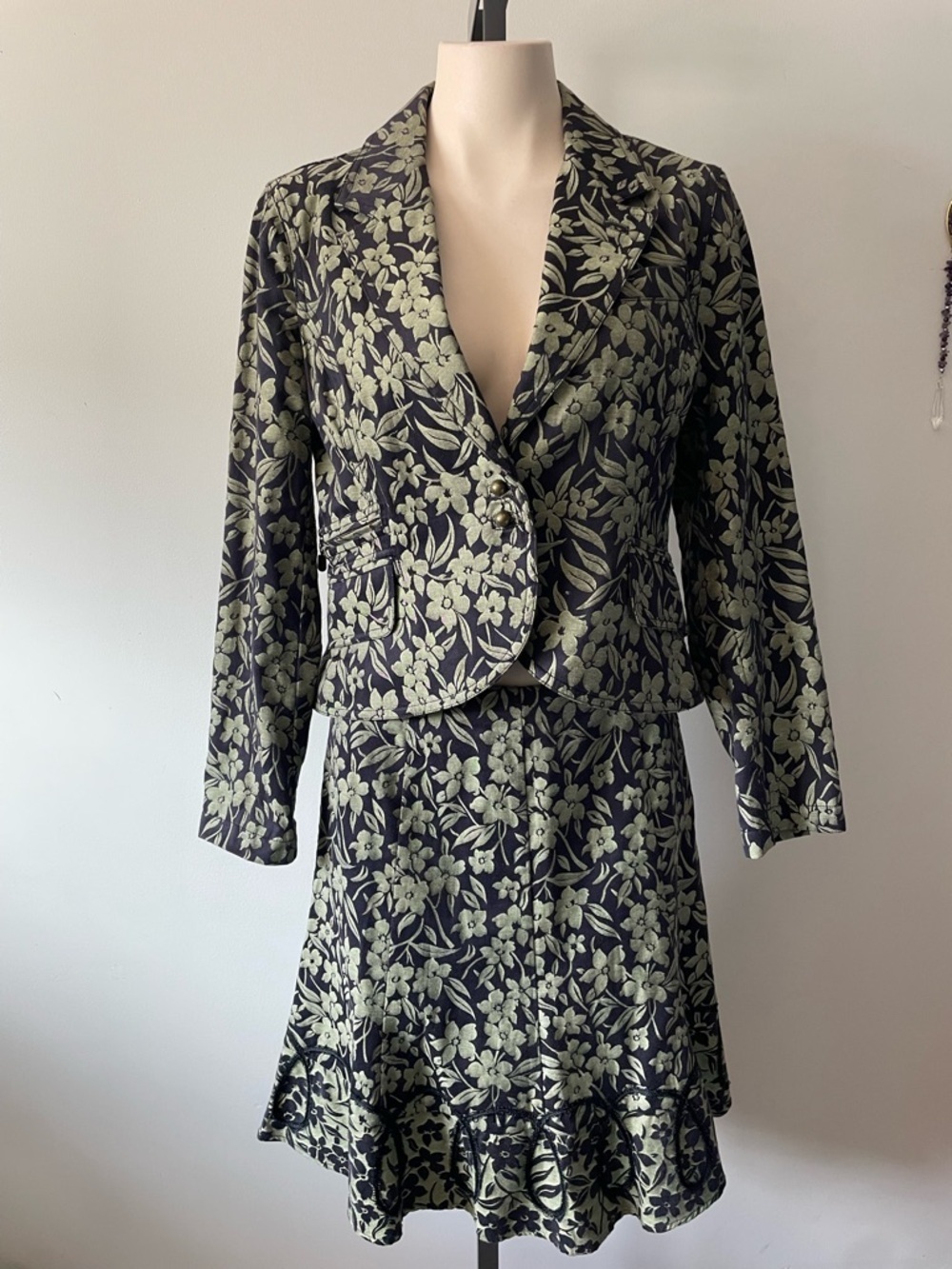Nic + Zoe 100% Cotton Floral Blazer Jacket Skirt Matching Set Of 2 Green